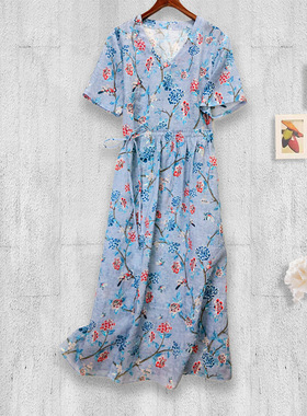 丁摩 苎麻连衣裙旅行印花收腰显瘦棉麻裙子Q122048