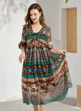 丁摩 夏飘逸沙滩裙桑蚕丝连衣裙女神范真丝裙子 Q121143