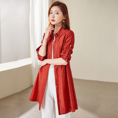 【断码清仓】春秋中长款衬衫女士薄款防晒衬衣外套风衣开衫21180