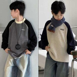 大E小e童装2025冬季新款儿童简约字母刺绣拼色一体绒卫衣打底9951