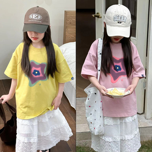 打底衫 大E小e童装 T恤宽松版 男女童星星印花休闲短袖 5135 2024夏款