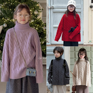 G+童装2024冬新款男女中大童韩版百搭高领麻花针织毛衣线衫潮6896