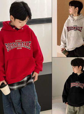 大E小e童装2025冬季男女童字母加绒连帽卫衣儿童洋气套头衫25263