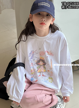 牛哆哆童装2024秋季新款卡通小女孩涂鸦长袖T恤女童洋气上衣53690