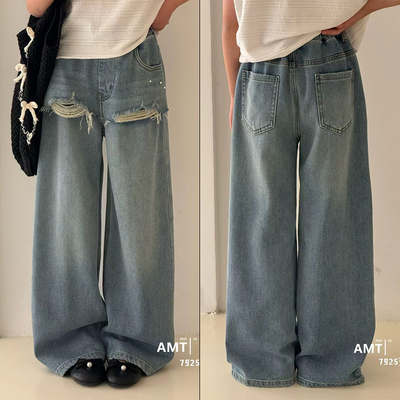 爱木橦女童春季假两件直筒牛仔裤