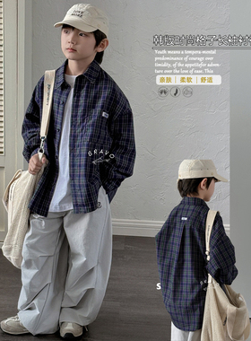 布芮欧童装2025春新品男女童帅气格子衬衫中大童长袖衬衣潮63109