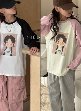 牛哆哆童装春季新款卡通小女孩印花女童拼色时尚长袖T恤53263