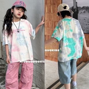 牛哆哆童装夏季新款字母印花男女童扎染短袖T恤洋气上衣53510