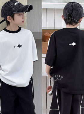 布芮欧童装2025夏季新款男女中大童AB版拼色时尚圆领短袖T恤56120