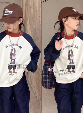 品牌童装冬新兔子印花拼色男女童一体绒套头衫加绒卫衣61023