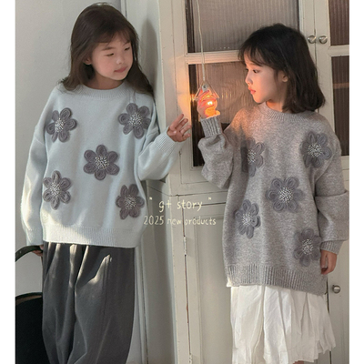 G+女童冬立体花朵圆领毛衣针织衫