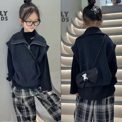 童乐鱼童装2024秋季新款男女中大童外搭翻领针织毛衣马甲背心0210