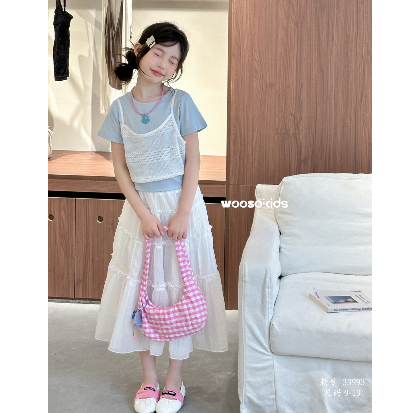 wooso吾束童装2026夏新品女童假两件短袖T恤白色半身裙套装33993
