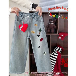 小智同学童装冬季新款女童中大童爱心加绒圣诞牛仔裤长裤9192