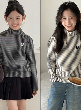 大E小e童装2025冬新款男女童暖暖绒条纹半高领打底衫加厚T恤1110