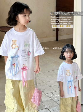 童乐鱼童装2025夏季新款女童卡通印花T恤洋气蝴蝶结短袖上衣99226