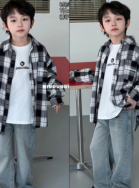 牛哆哆童装2025春季新款男女童韩版格子衬衫百搭休闲外套潮68983