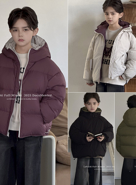 啦芙莱童装2025冬款男女中大童90白鸭绒两面穿连帽日系羽绒服3753