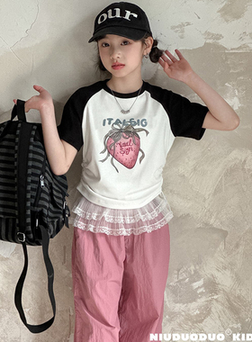 牛哆哆童装2025夏季新款女童短款韩系甜美草莓印花短袖T恤潮55073
