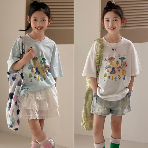 大E小e2026夏季新款韩版女童卡通五彩蘑菇印花宽松短袖T恤5678