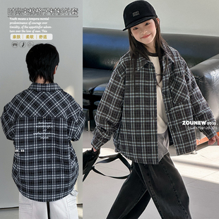 舟由童装2025冬季新款男女童韩国风夹棉格子衬衫薄棉衣外套潮0179
