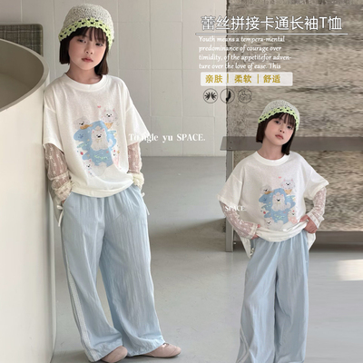 童乐鱼2026夏款新款女童蕾丝花袖假两件卡通印花宽松长袖T恤55009