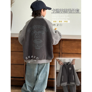 布芮欧童装24冬新款男女童卡通洋气羊羔毛外套中大童毛毛衣99005