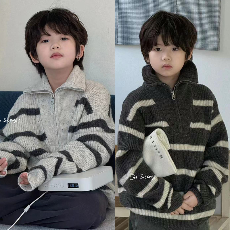 G+男女童半拉链高领条纹针织毛衣