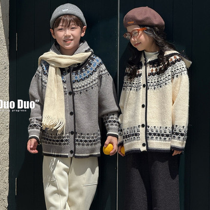 牛哆哆童装2025秋冬新款男女童加厚提花连帽外套毛衣开衫潮15303