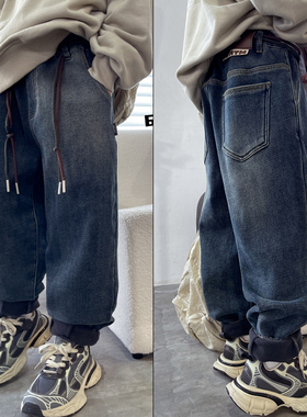 爱木橦童装冬季新款老爹裤一体绒牛仔裤潮男女童保暖长裤6826