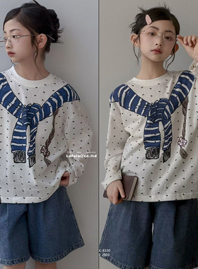 啦芙莱童装2026春季新款童趣印花长袖T恤女童趣味绑结上衣潮8330