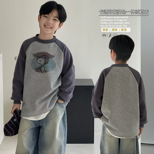 卡通印花插肩袖 男女童韩版 一体绒卫衣5522 2025秋冬新款 大E小e童装