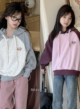 布芮欧童装秋新款女童中大童拼接款洋气连帽卫衣套头衫72332