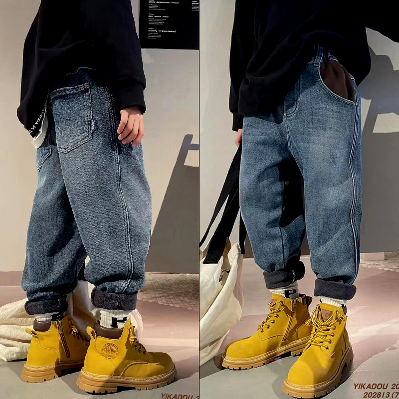 壹咔豆一体绒复古蓝牛仔裤长裤