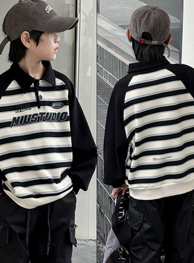 牛哆哆童装冬季新款男女童条纹一体绒卫衣儿童翻领上衣52777