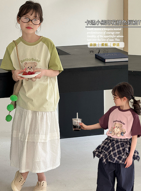 大E小e童装2025夏季新款女童卡通玩偶熊印花洋气拼色短袖T恤25087