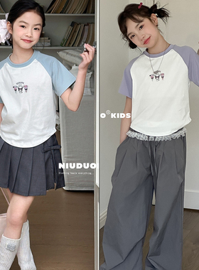 牛哆哆童装2025夏季新款女童拼色插肩库洛米修身弹力短袖T恤55099