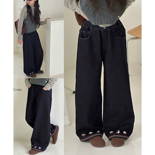 儿童直筒裤 爱木橦童装 女童蘑菇刺绣一体绒牛仔裤 新款 7825 2025冬季