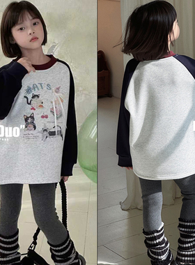 牛哆哆童装2025冬季新款卡通小猫印花加绒T恤女童撞色打底衫39537