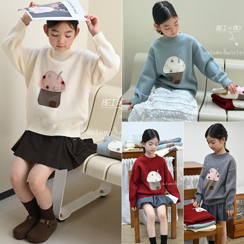 贝柏童装2025秋冬新款男女童时尚卡通蘑菇钩花针织毛衣羊绒衫1561