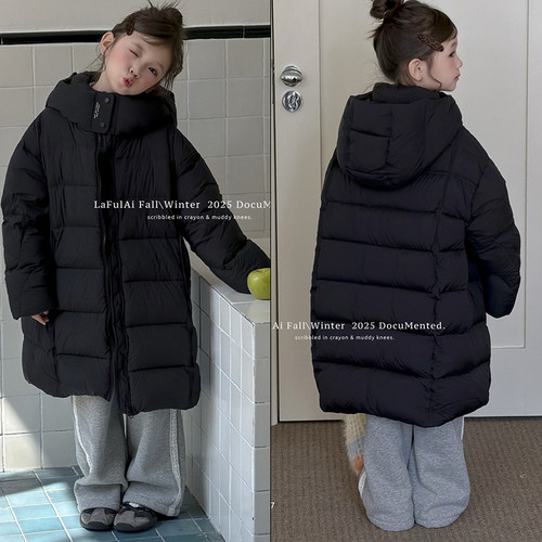 啦芙莱童装90白鸭绒长款连帽羽绒