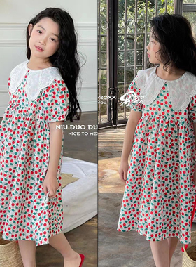牛哆哆童装夏装新款女童中大童女孩樱桃碎花裙连衣裙子33791