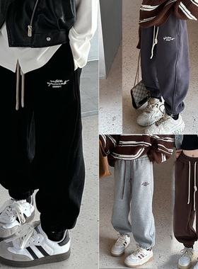 壹咔豆童装冬新简约刺绣男女童一体绒卫裤中大童运动裤205236