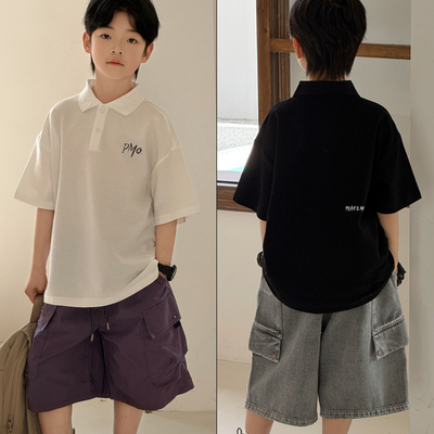 大E小e2026夏新品男女中大童韩版字母印花简约POLO衫短袖T恤5661