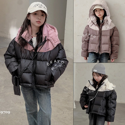 布芮欧女童白鸭绒带帽拼色羽绒服