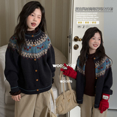 外套93783 女童复古费尔钩花针织毛衣开衫 wooso吾束童装 2025冬新款