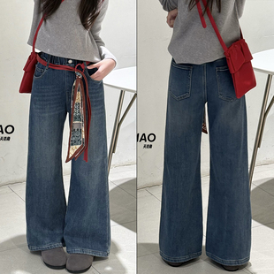 天依角童装2025冬季女童一体绒牛仔裤中大童韩版加绒喇叭裤25035