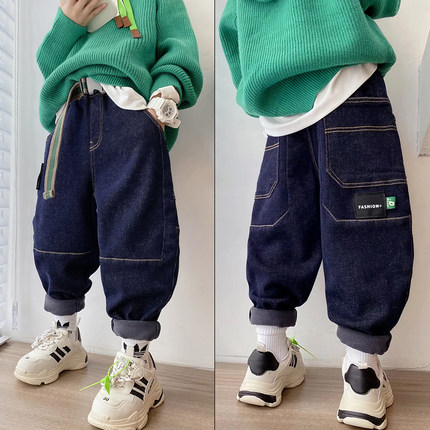 大E小e童装冬新款儿童一体绒宽松休闲牛仔裤男女童老爹裤99625