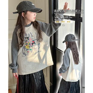 一体绒上衣9755 儿童卡通加绒卫衣中大童插肩袖 大E小e童装 2024冬款