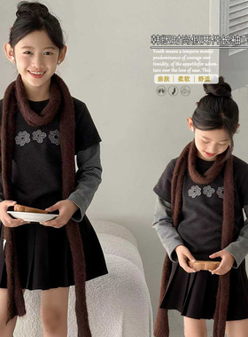 大E小e童装2025冬季新款女童假两件花朵暖暖绒T恤加厚打底衫25210